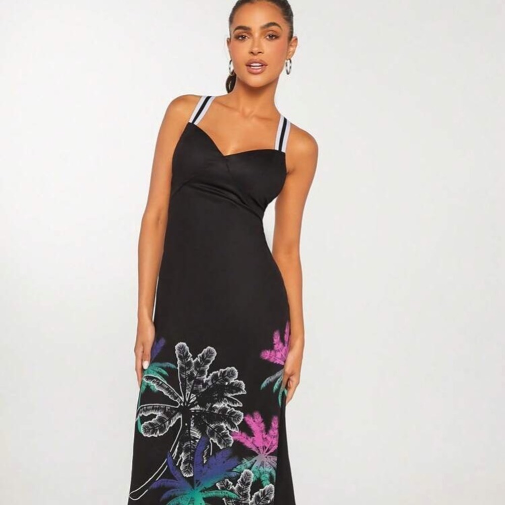 Black Tropical Print Cami Dress